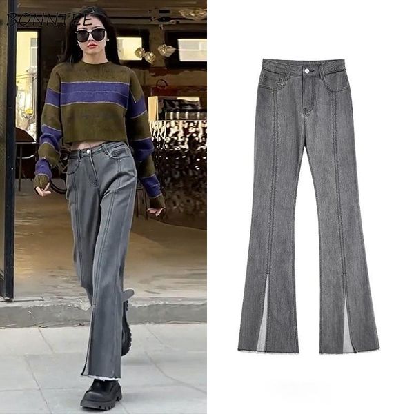 

women's jeans flare women split design high street empire all-match fashion harajuku summer thin quality pockets college breathable sof, Blue