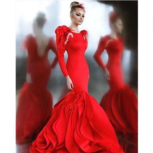 

casual dresses fashion long sleeves red feathers beaded evening party with ruffle mermaid african prom gown vestido de festa longo, Black;gray