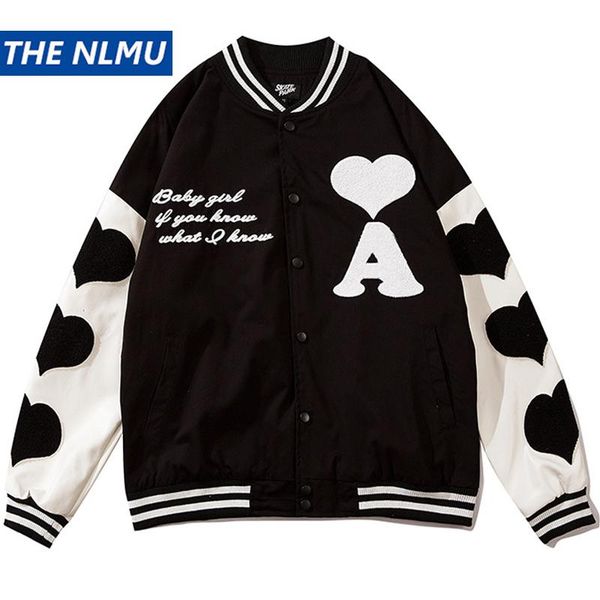 

men's jackets the nlmu hip hop vintage varsity baseball jacket men heart patch funny college harajuku coats clothing wy945, Black;brown