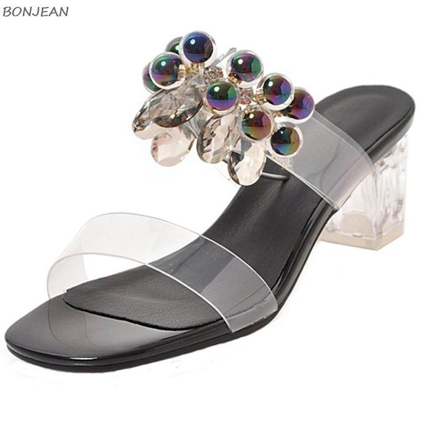 

summer women's slippers simple outside wearing fashion rhinestone ladies shoes peep toe transparent heels, Black