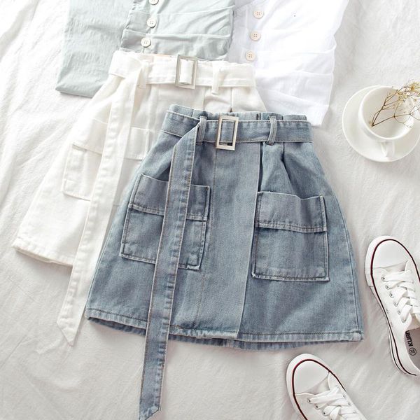 

skirts summer korea fashion women high waist cotton denim double pocket casual mini skirt femme skirts plus size s825 gx8g, Black