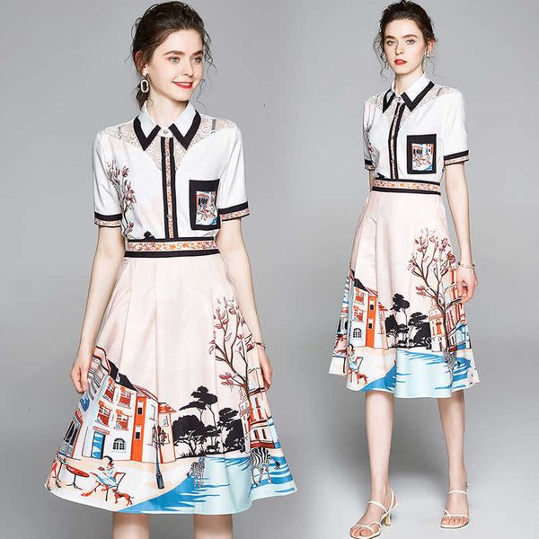 

two piece dress women fashion printed set casual short sleeve shirt + midi a-line skirt plus size blouse female summer s p9i2, White