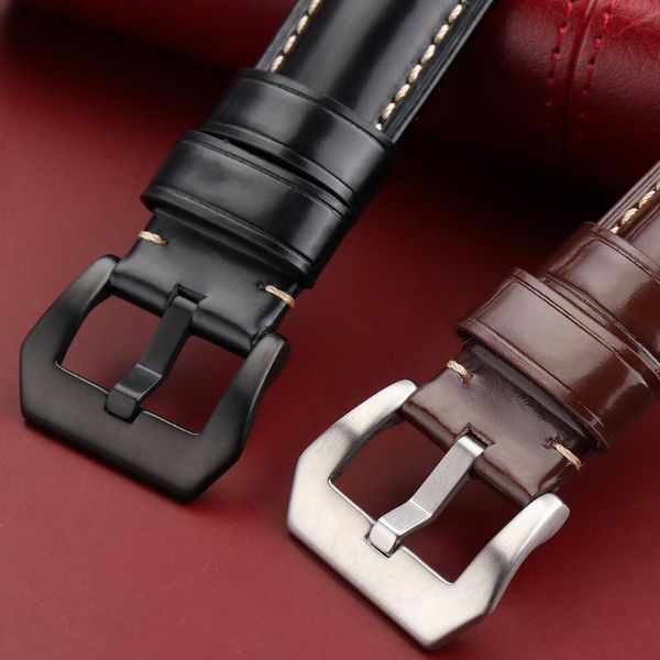 

watch bands 24mm black brown genuine leather watchband for pam pam00441 pam00661 polished watches straps butterfly buckle with engraving