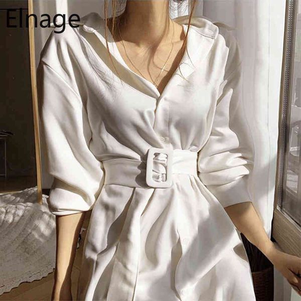 Koreanische Temperament Drehen Unten Kragen Langarm Frauen Kleid Schlank Solide Büro Dame Weiße Kleider Robe Femme Schwarz Vestidos 5B024 210429