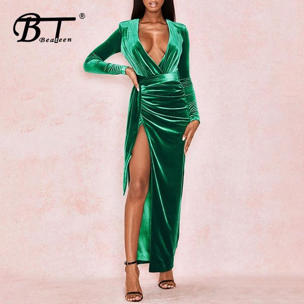 

beateen 2021 spring deep v long sleeves pleated maxi dress women fashion side split velvet party club vestidos casual dresses, Black;gray