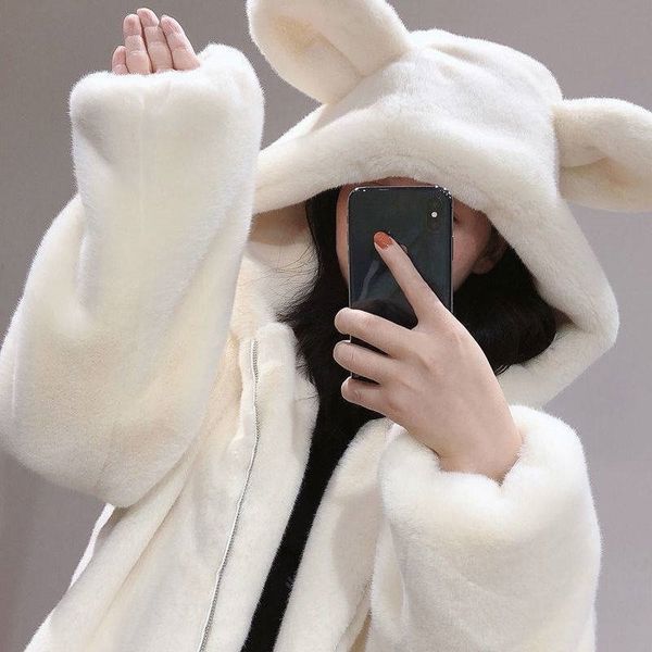 

wool cashmere coat female 2021 new autumn and winter imitation mink cute bear ears plush thickened wide, Black