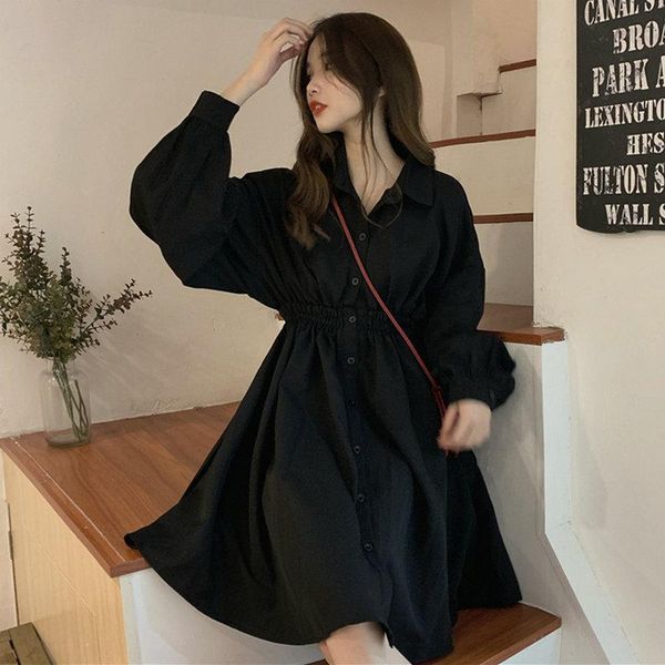 

casual dresses vintage long sleeve shirt dress women korean preppy style sweet pleated students womens black white high waist m1898, Black;gray