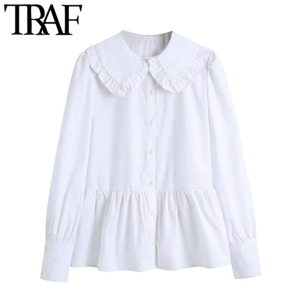 

women sweet fashion button-up ruffled blouses vintage lapel collar long sleeve female shirts blusas chic 210507, White