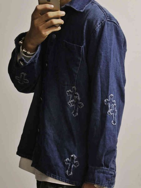 

opup cross embroidered denim cardigan wash old lapel jacket fashion couple long sleeve shirt coat, Black