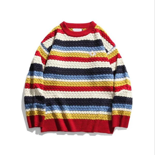 

men's sweaters rainbow stripe sweater men harajuku 2021 winter clothing embroidery flowers loose pullover oversized w2194, White;black