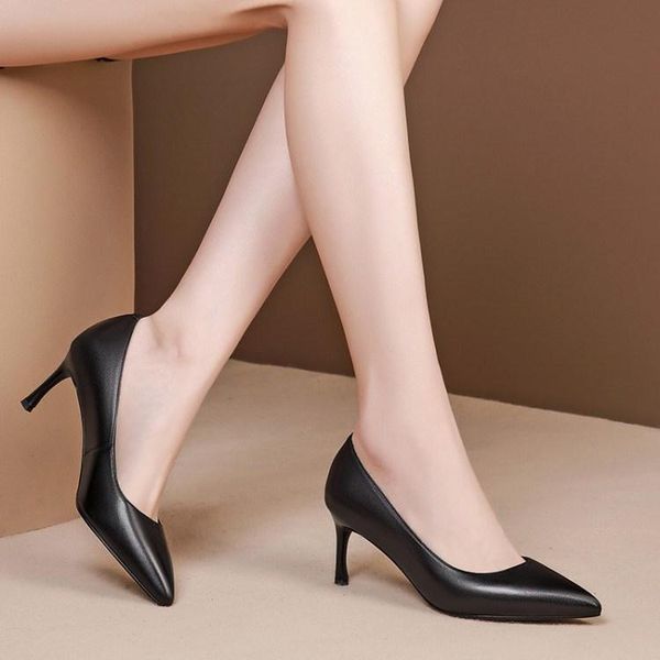 

dress shoes pointed toe single fashion simple thin heeled high heels shallow mouth women's genuine leather professional, Black