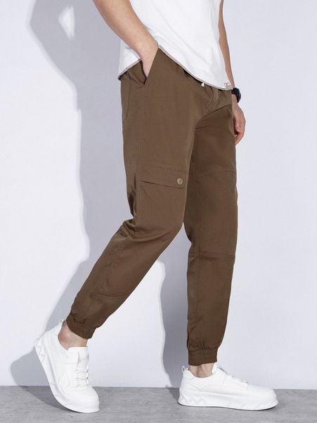 

men button detail drawstring waist pants e82y#, Black