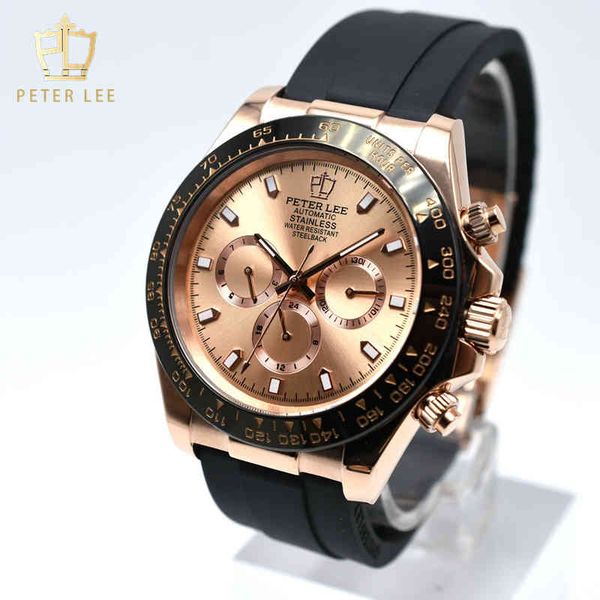 

quality high peter lee brand luxury gold clock for men 40mm automatic mechanical designer dropshipping wholesale, Slivery;brown