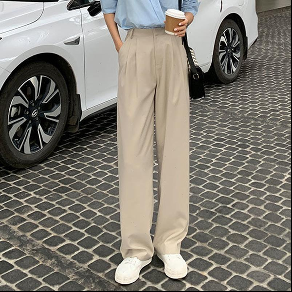 

retro straight wide leg brown womens capris vintage korean high waist casual long coffee white beige trousers, Black;white