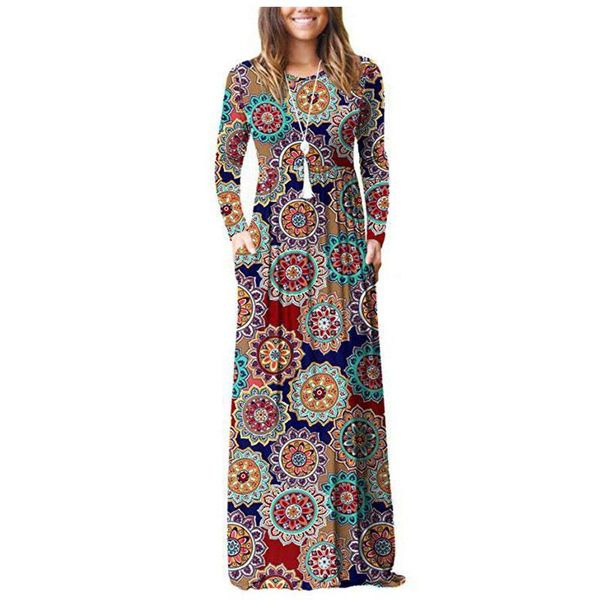 

casual dresses floral print maxi dress women o-neck beach long pleated sleeve straight evening party, Black;gray