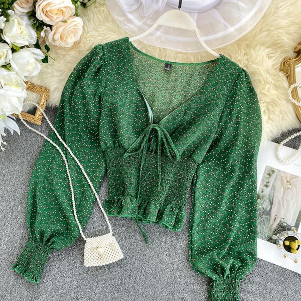 

women's t-shirt retro floral chiffon shirt v-neck lace puff sleeve crop thin short coat, White