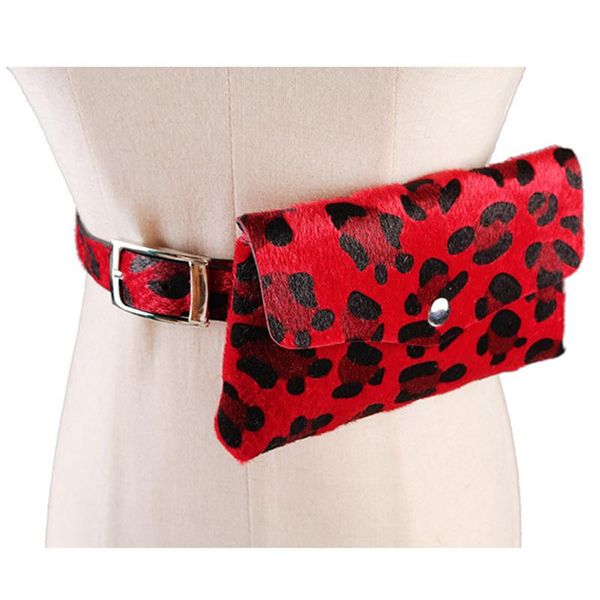 

fashion women leopard print horse hair decorative pockets dual-use mobile phone bag purse casual fanny pack belt bags waist