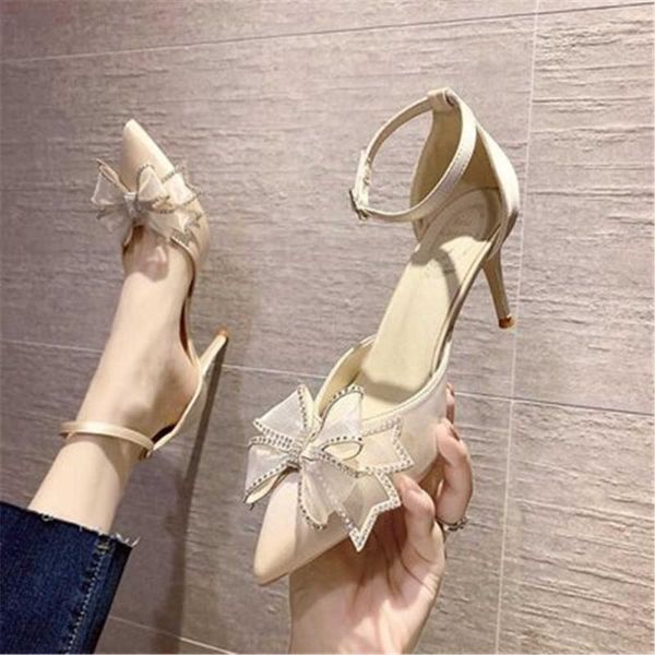 

dress shoes ankle strap buckle sandals women pointed stiletto 2021 spring summer korean fairy screen bow knot 9 cm high heel black
