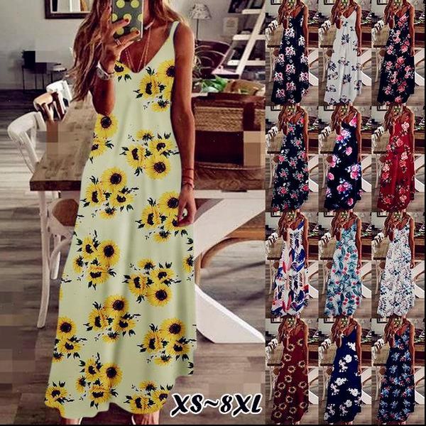 

womens dress fashion women strap casual beach cotton boho floral print maxi plus sizes big large dresses robe femme, Black;gray