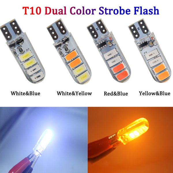 

50pcs t10 w5w 194 168 5630 8smd led dual color strobe flash silicone bulbs for car clearance lamps license plate lights 12v