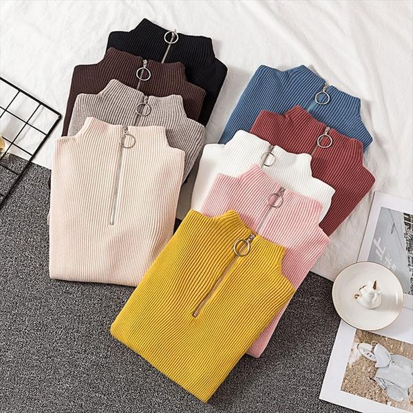 

pullover women fashion zipper turtleneck womens sweater knitted casual ribbed knit winter woman sweaters pullovers knitwear, White;black