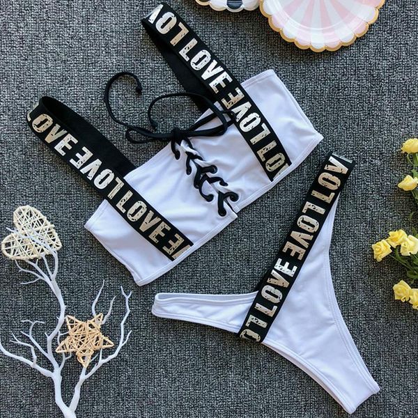 

2021 letter print thong bikini women swimsuit female swimwear brazilian set push up plus size bathing suit swim lady women's, White;black