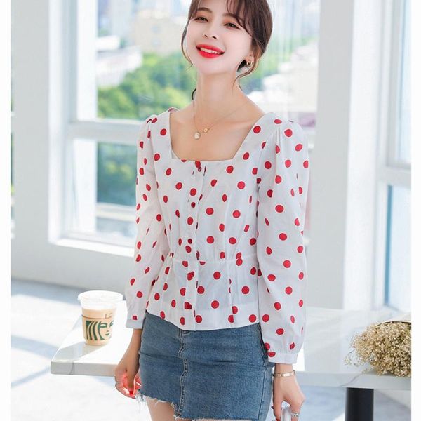 

women blouse shirts red polka dot print white vintage square collar casual kawaii female sweet slim short women's blouses &