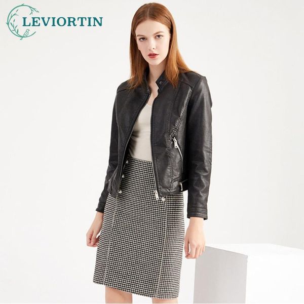 

women's leather & faux women fleece pu jacket 2021 autumn winter mandarin collar solid hat detachable rivet zipper casual coat, Black