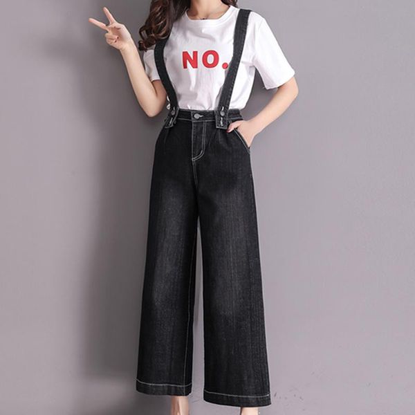 

women's jeans spring autumn wide leg women high waist black blue jean pants casual loose suspender denim pockets button zip