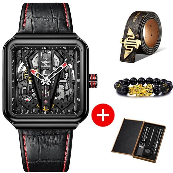 

wristwatches oupinke automatic watch men skeleton mechanical steampunk sapphire crystal square leather transparent sports wristwatch, Slivery;brown