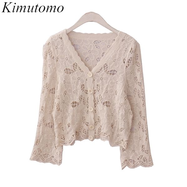 

kimutomo hook flower lace hollow out cardigan summer thin female v-neck long sleeve single breasted solid color short 210521, White