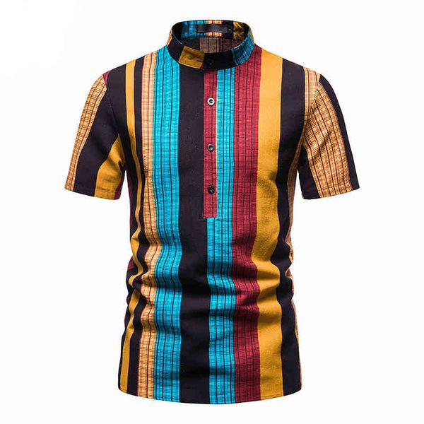 

plaid shirts men stand collar casual print shirt mens hawaiian oversized short sleeve camisas summer holiday beach streetwear 210524, White;black