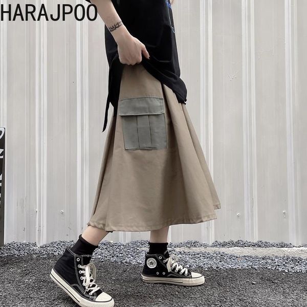 

skirts ins a-line color hit summer pocket umbrella big tide korean workwear skirt mid-length women casual version harajpoo retro, Black