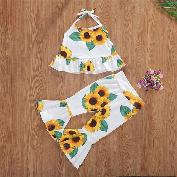 

1 6y summer fashion toddlers kids baby girls sunflower print sleeveless flare pants 2pcs children clothing outfits, White