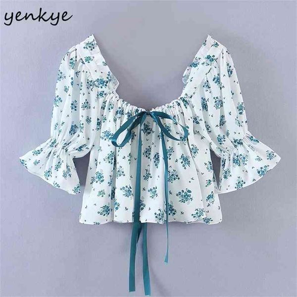 

floral print sweet blouse women drawstring bow tie o neck butterfly sleeve crop plus size fashion summer 210514, White