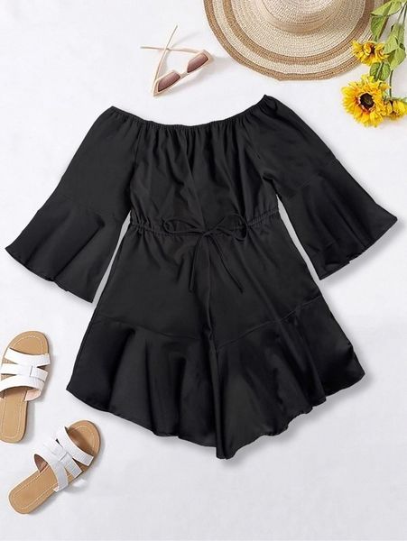 

plus flounce sleeve tie front bardot romper p2uk#, Black