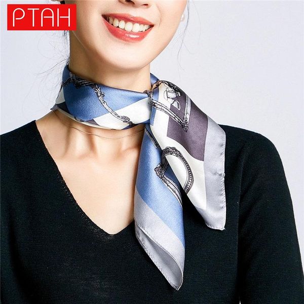 

scarves [ptah]100% mulberry silk scarf ladies party banquet lightweight square neckerchief breathable printed 55*55cm, Blue;gray