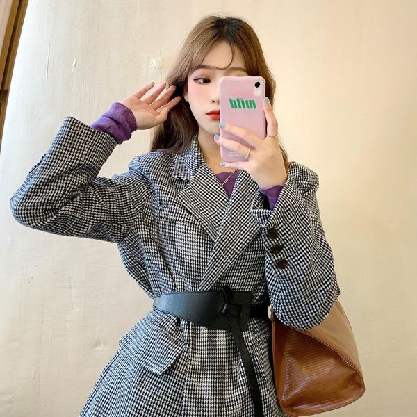 

women's suits & blazers autumn winter vintage houndstooth woolen blazer jackets for women double breasted belted slim female outwear 20, White;black
