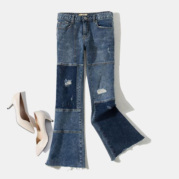 

women's jeans korean style womens low waisted patchwork ripped hole stretchy denim flare pants , spring fall slim trousers for woman, Blue