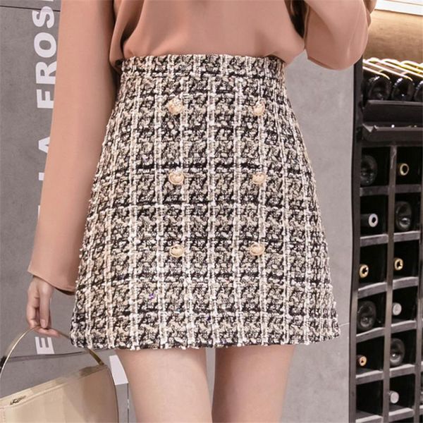 

skirts autumn and winter double-breasted tweed skirt women a-line high waist plaid short faldas mujer moda 2021 jupe femme, Black