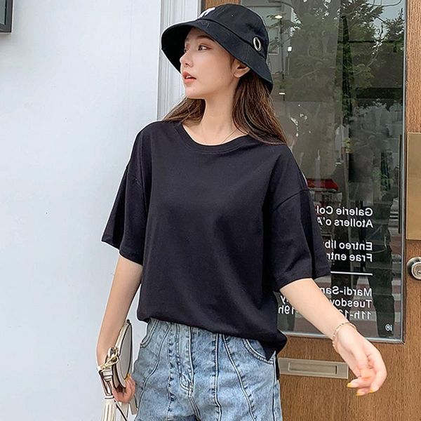 

women's t-shirt short-sleeved cotton summer style japanese solid color brand loose korean top, White