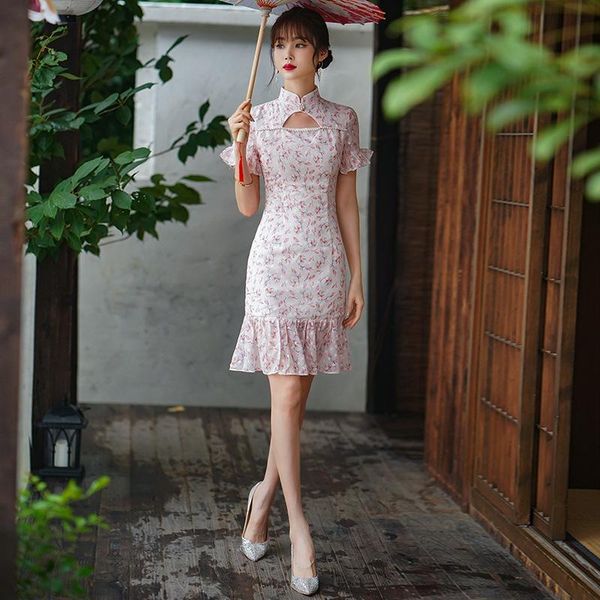 

ethnic clothing sheath exquisite print flower cheongsam female qipao classic pearl collar chinese dresses novelty party prom vestidos, Red
