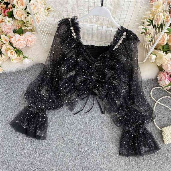 

women square collar mesh chiffon blouse autumn sweet super fairy pleated drawstring short shirts ruffled female blusa gx1081 210507, White