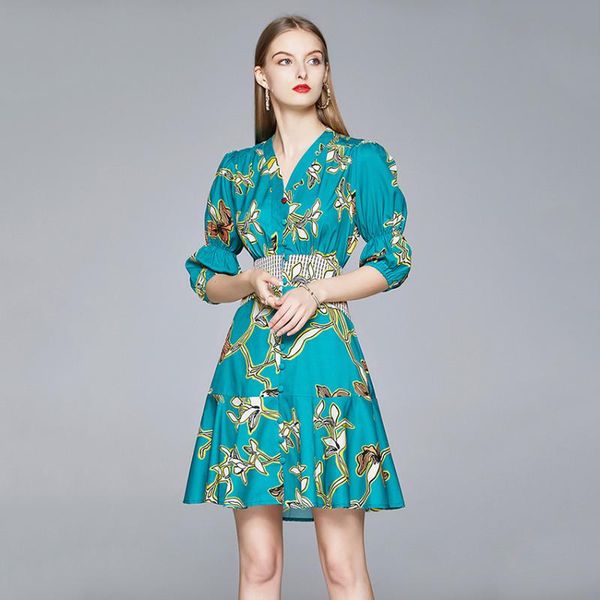 

casual dresses 2021 french style floral print vintagedress women puff sleeve designe dress summer runway vestido de mujer, Black;gray