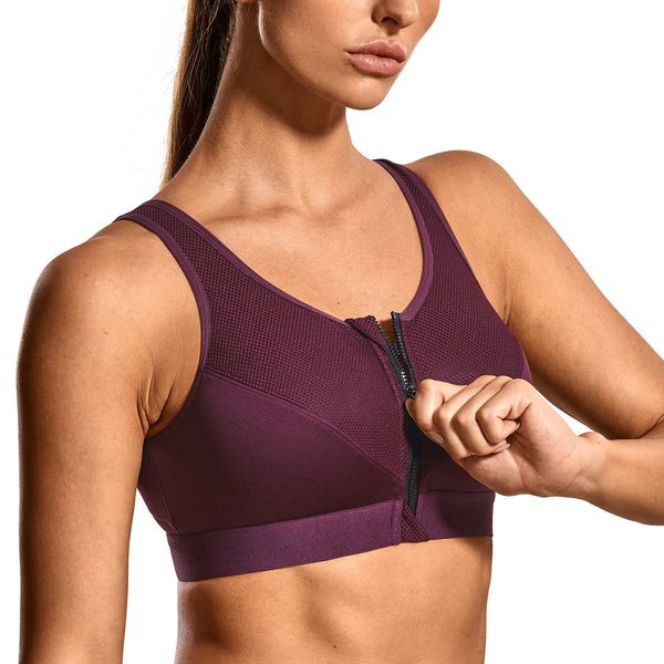 

women's high impact front zip x-shape back no padded active bra 210623, Red;black