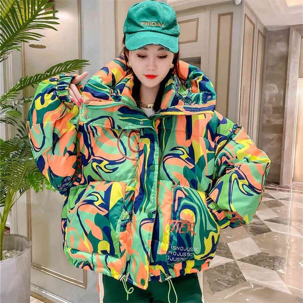 

two piece dress women winter korean printed cotton jacket female fashion short loose button zipper bread youth coat a279 a2um, White