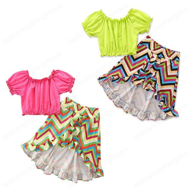 Kinderkleidungssets, Mädchen-Outfits, Kinder, schulterfrei, Oberteile + mehrfarbig, Wellenmuster, Streifen, unregelmäßige Röcke, 2 Teile/Satz, Sommermode, Boutique-Babykleidung