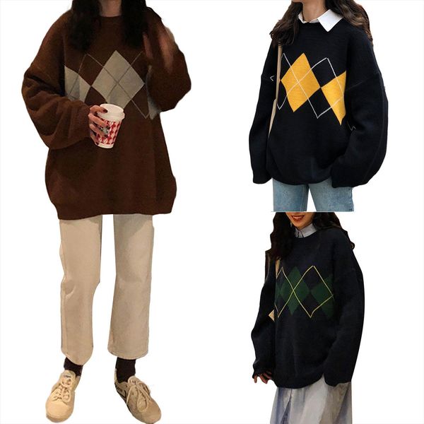 

fashion women crew neck oversized sweaters casual long sleeve argyle printed knit warming pullovers autumn winter, White;black