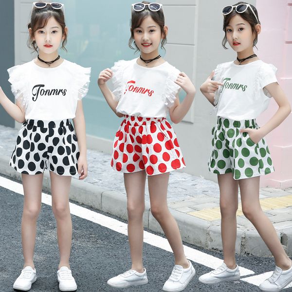 

summer sets for girl short sleeves clothes suit fashion t-shirt + jeans shorts fit 4-13 years kids cotton clothing outfit, White