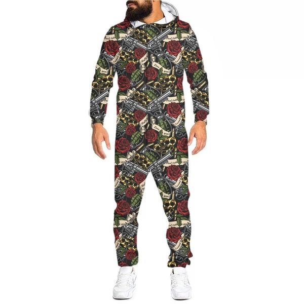 

long sleeve 3d digital printing weapon rose couple hoodie jumpsuit, Black